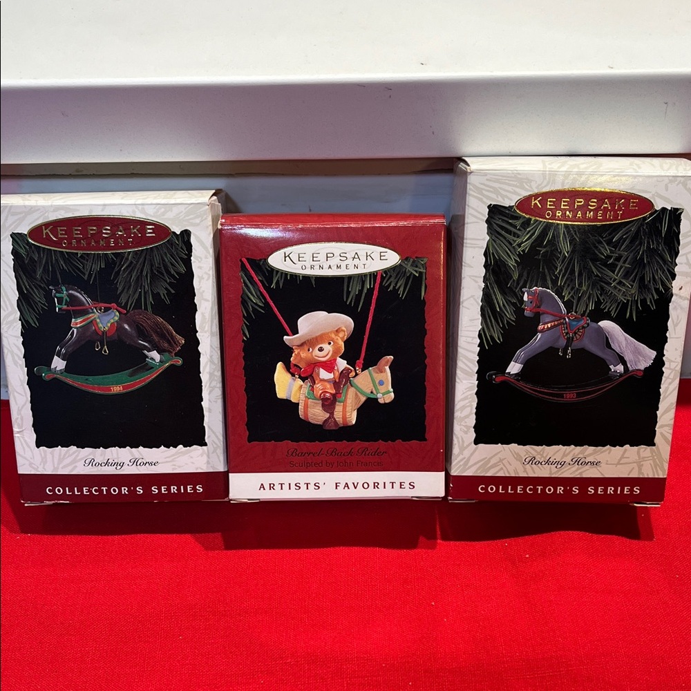 Hallmark Keepsake Rocking Horse Ornament Set - Red, Green, Brown 1994